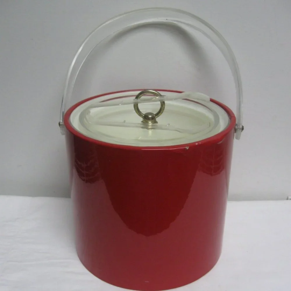 Vintage 60's Retro Lipstick Red Patent Ice Bucket w Lucite Handle & Tongs